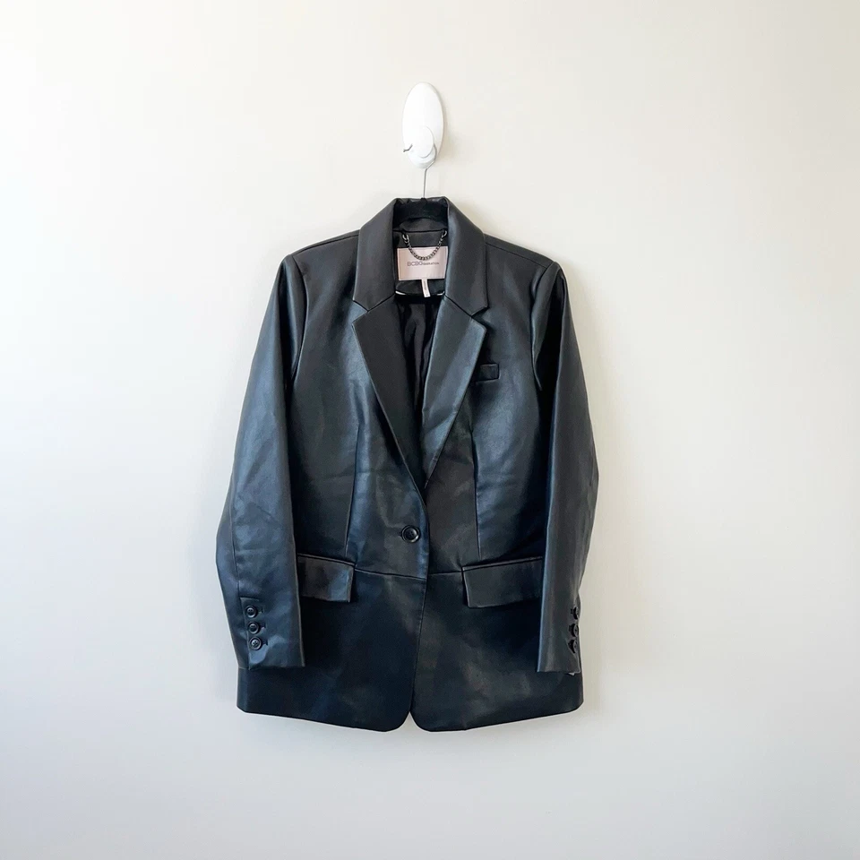 BCBGMAXAZRIA Faux Leather Blazer Jacket Black One Button Womens Size Medium $348 - Image 3 of 4