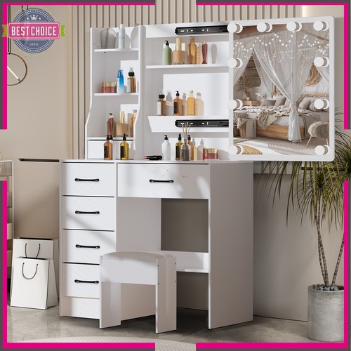 6 Drawers Dressing Table Stool Set Makeup LED Mirror Vanity Desk 10 Bulbs White - Picture 4 of 10
