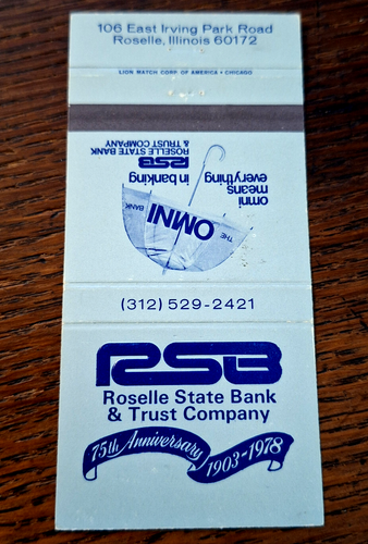Vintage Matchbook: Roselle State Bank & Trust Co, Roselle, IL