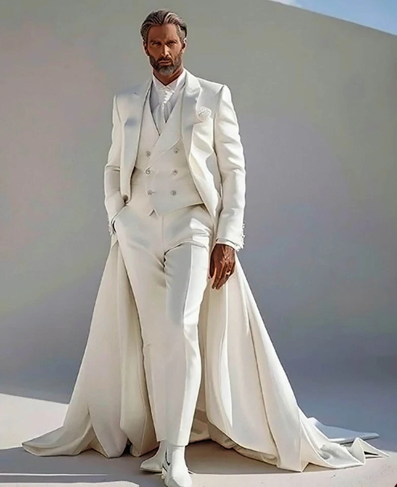 Men's Fashion Suits Long Train Jacket Vest Pant 3 Pieces for Red Banquet Wedding - Image 3 of 4