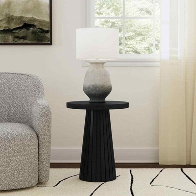 18 In, Black Mango Wood Round End Table With Pedestal Base And Flute Design Deta