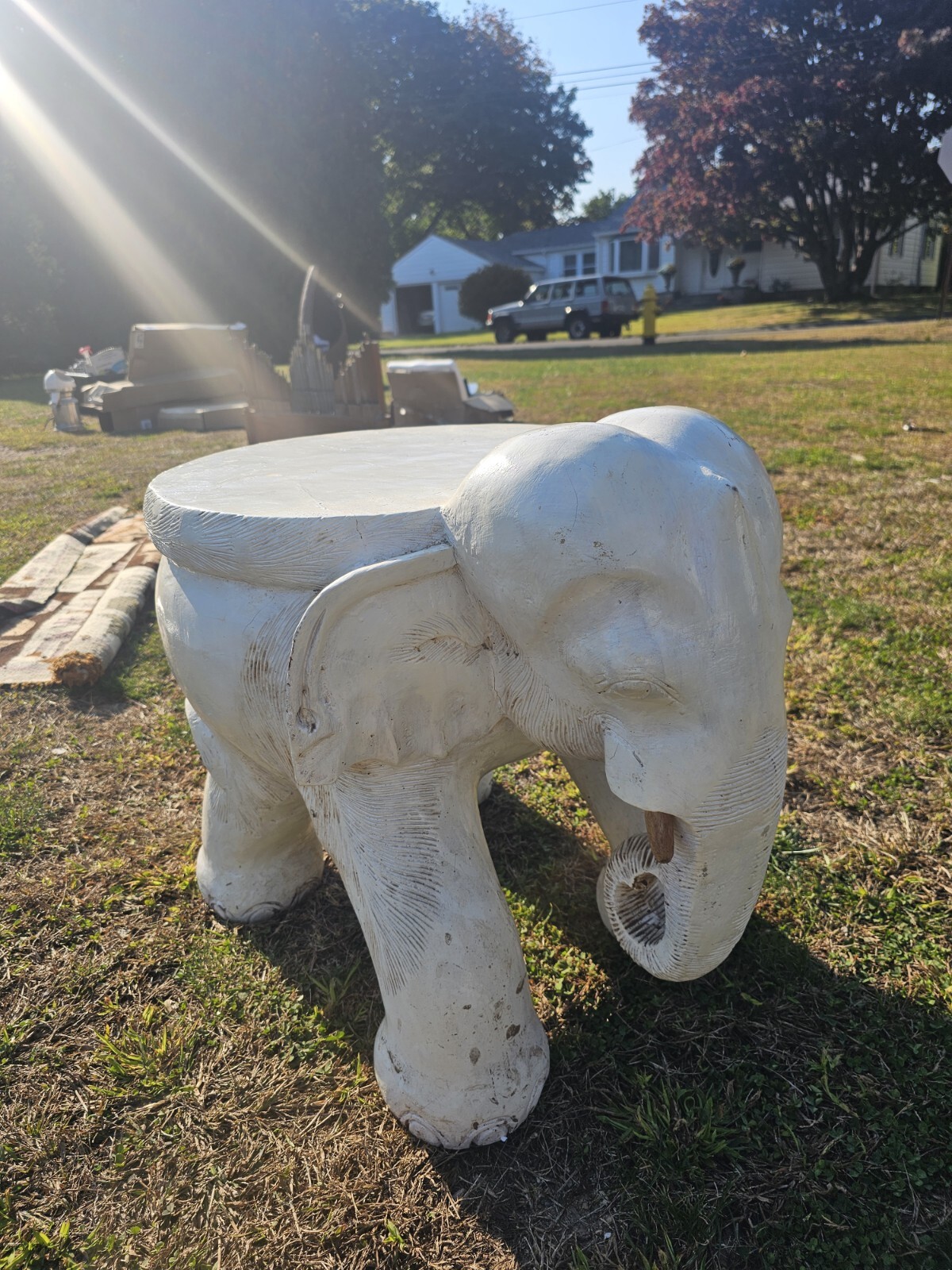 Large Vintage White Hand-Carved Wood Elephant Stand Side Table