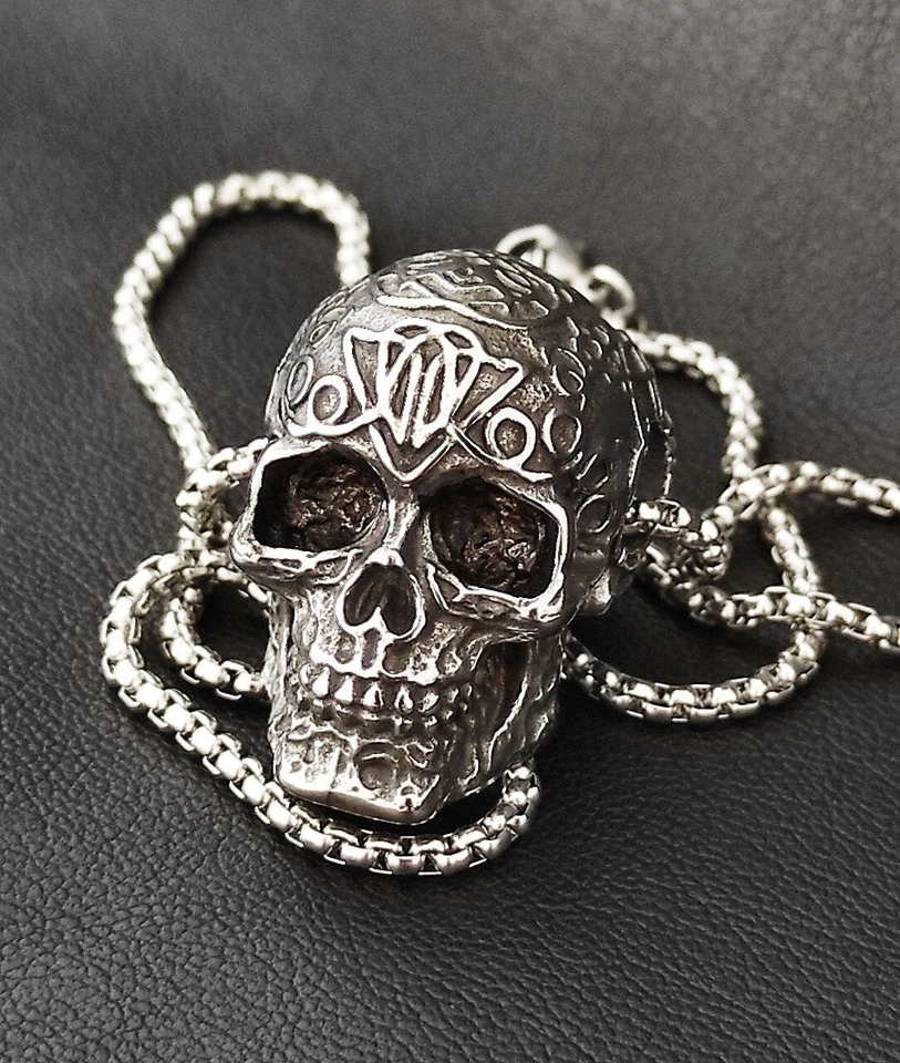 Skull Totenkopf Anhänger Edelstahl Halskette Herren Schmuck Wikinger Biker KE92B - Bild 4 von 4