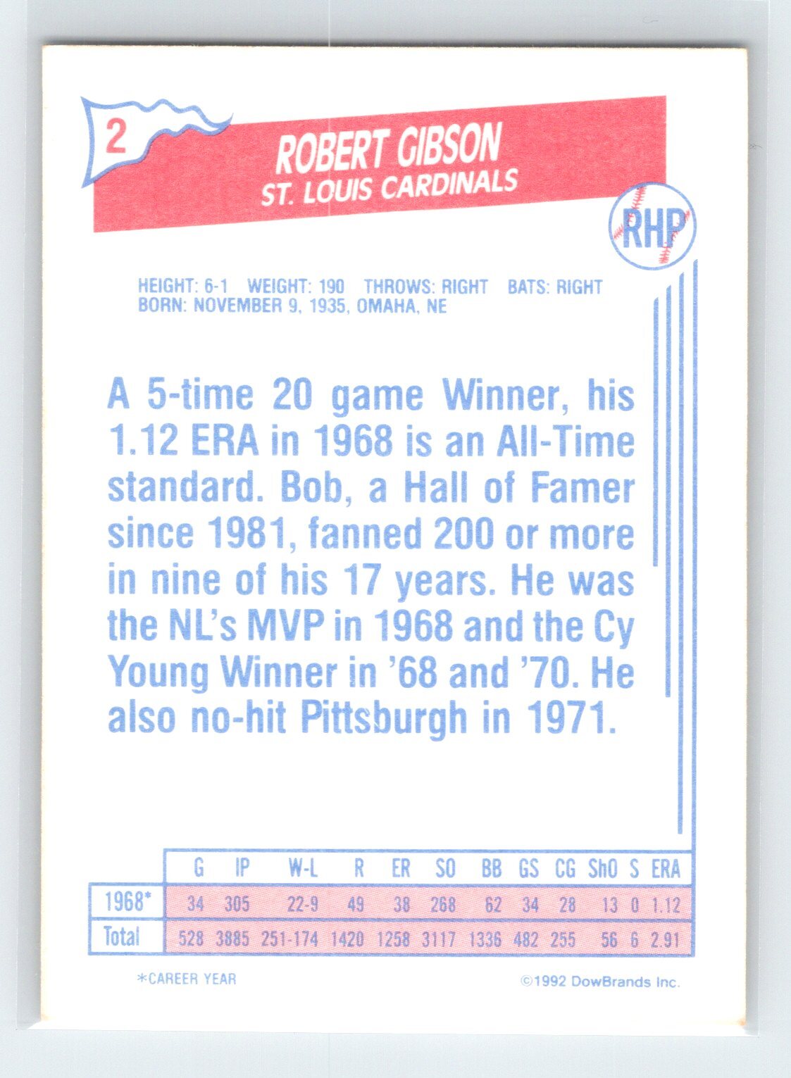 1992 Ziploc Bob Gibson #2 St. Louis Cardinals DowBrands
