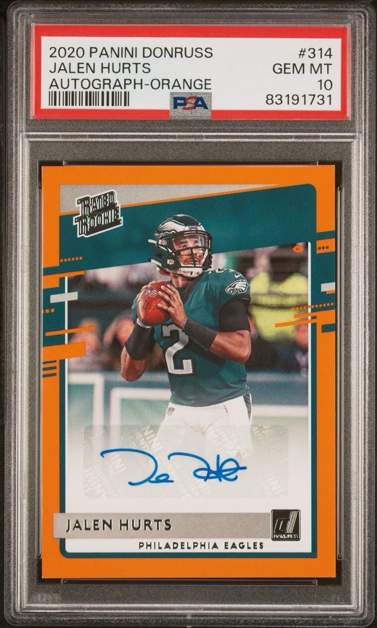 PSA 10: 2020 Panini Donruss Jalen Hurts #314 Orange Rated Rookie Auto