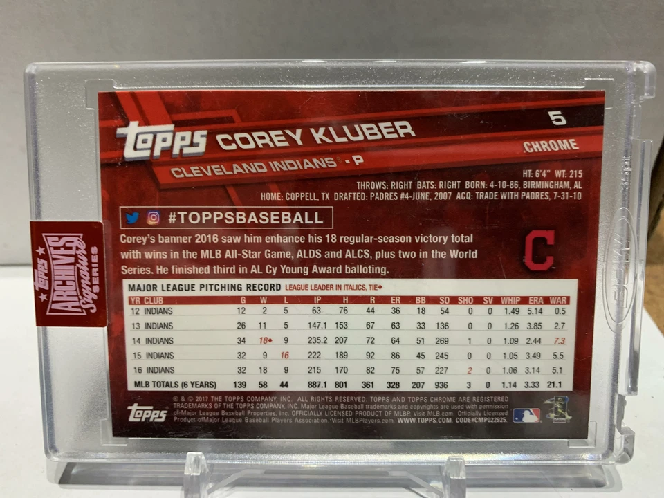 Archives Signature Series 2019 autógrafo Corey Kluber 6/6 Topps cromo #5 Foto 2 de 2