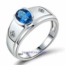 Natural Swiss Blue Topaz & CZ Gemstone with 925 Sterling silver Men Ring #J4500