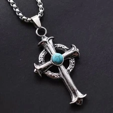 Mens Vintage Turquoise Celtic Cross Pendant Necklace Stainless Steel Chain 24"