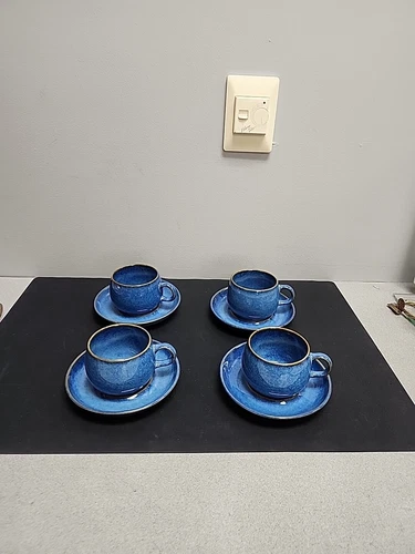 Denby Langley English Stoneware Blue Lot 4 Cups & 4 Saucers Vintage MCM