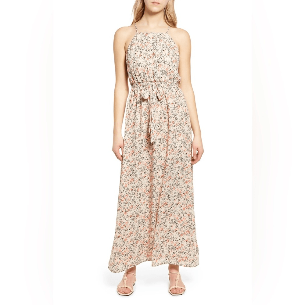 Halogen Maxi Dress Womens Size Medium Beige Floral Printed Tie Waist  Sleeveless | eBay