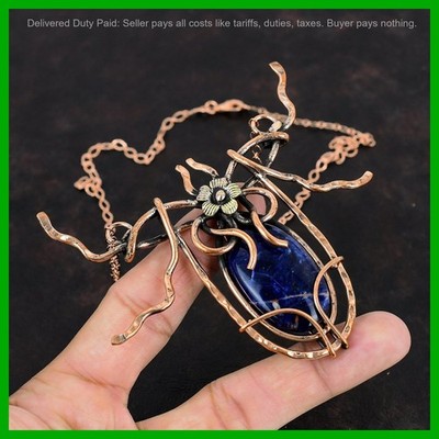 Oval Sodalite Gemstone Chain New Wire Wrapped Flower Anniversary Necklace Copper