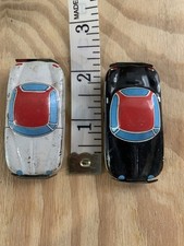 Vintage 1950s Japan Tin Litho Toy Cars Pair Red Roof Coupe Black White 2.75