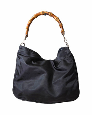 GUCCI Bamboo Schultertasche Halbmond Schwarz Nylon/Leder Bambusgriff