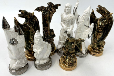 Vtg Ceramic 32 Piece Chess Set Hand Painted Medieval Fantasy Dragons Brown White
