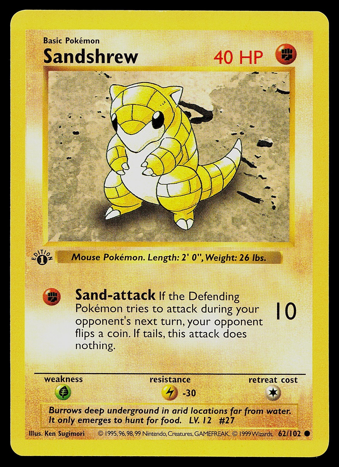 Pokemon Card - Sandshrew 1st Edition Base Set Shadowless 62/102