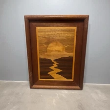 Vtg Hudson River Marquetry Mixed Wood Inlay Art Picture Ocean Sunset Seascape