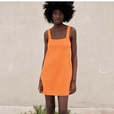 NWT Zara Orange Knit Square Neck Sleeveless Shift Mini Dress Size S