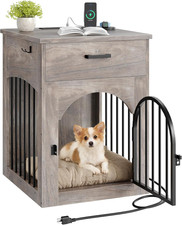 Dog Crate Furniture, Wooden Dog House with Charging Station and Storage Drawer,