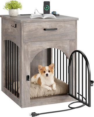Stylish Wooden Dog Crate End Table with Charging Station & Storage Drawer