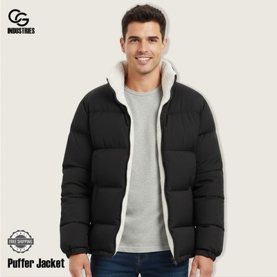 Unisex Black Puffer Jacket Fleece Lined | Warm Winter Quilted Streetwear Insulat