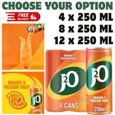 J2O Orange & Passion Fruit Cans 250ml Low Sugar Fruit Juice 4 - 8 - 12  Packs UK