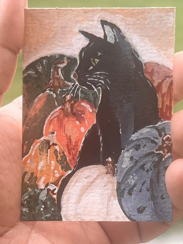 ACEO Original  Painting  cat in pumpkin patch Fall Harvest Acrylic markers