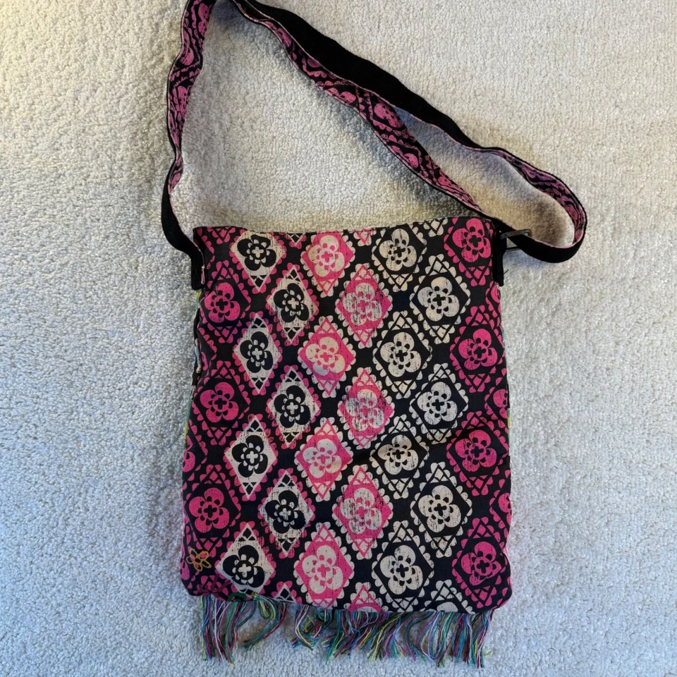 Y2K Mudd 波西米亚花卉印花单肩包 斜挎包 蓝绿色衬里 Snap Close 条纹 — 第 2/4 张图片