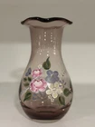 New ListingFenton for Teleflora Amethyst Pink Glass Vase Hand Painted Floral Ruffled Rim 8”