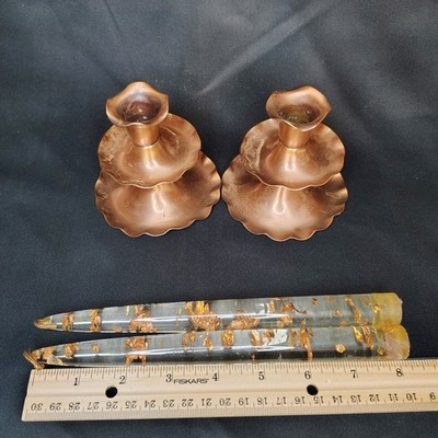 Lucite 4pc RARE Complete Candlestick GREGORIAN COPPER Emboss Copper GOLD 