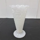 Vintage White Milk Glass Hob Nail Large Vase Hobnail Tall Scalloped Footed 9.5”