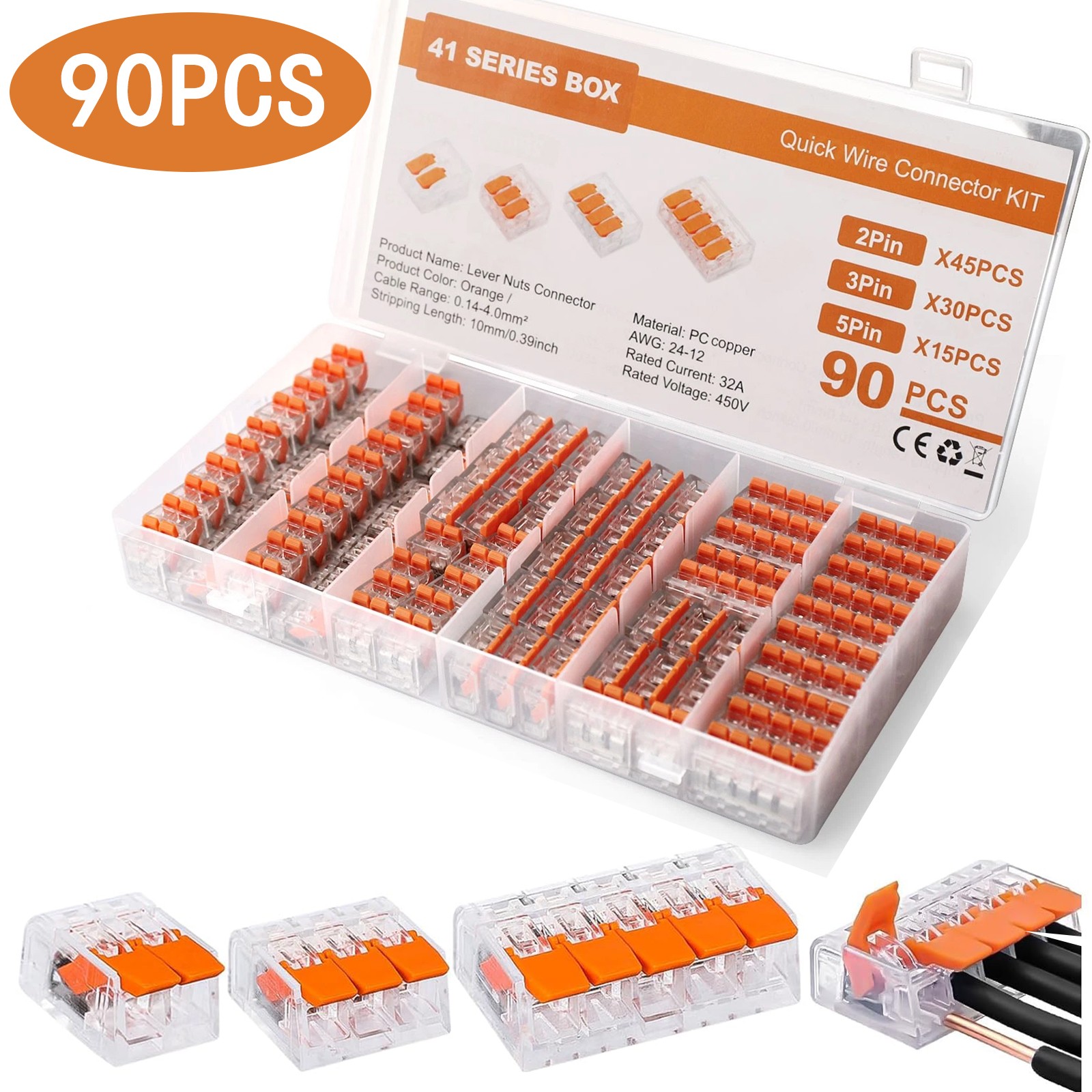 90Pcs For Wago 221 Lever Nuts Compact Splicing Wire Connectors - 2/3/5 Terminal