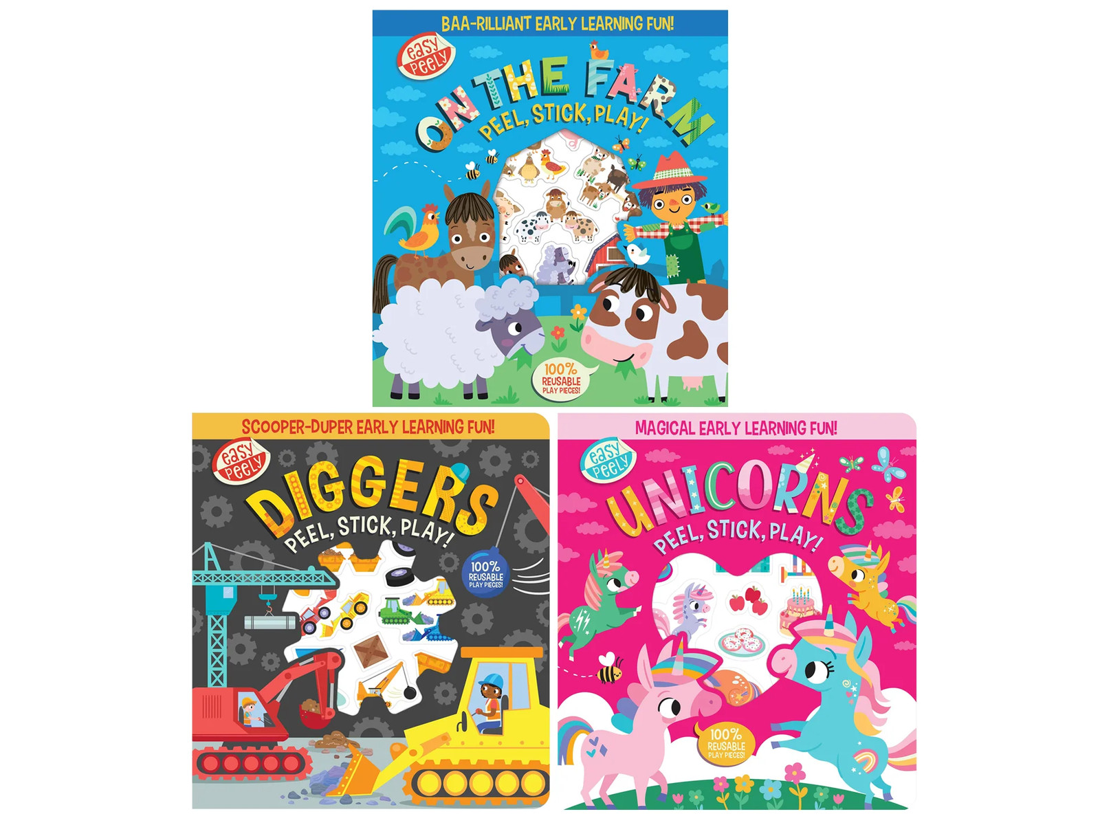 Easy Peely Peel, Stick, Play! 3 Books Collection Set (Unicorns, Diggers,  | TODO