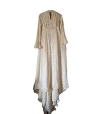 Vintage 60s/70s High Neck Wedding Dress w/Cathedral Veil Ivory ECRU Sz S/M