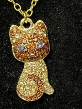 collar dorado gato siamés cristales ojos azules 18" cadena acero inoxidable nuevo sin etiquetas