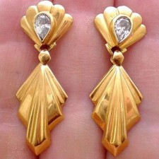 Vintage LARGE European Italy Solid 14K Yellow Gold Tear Drop CZ Dangle Earrings