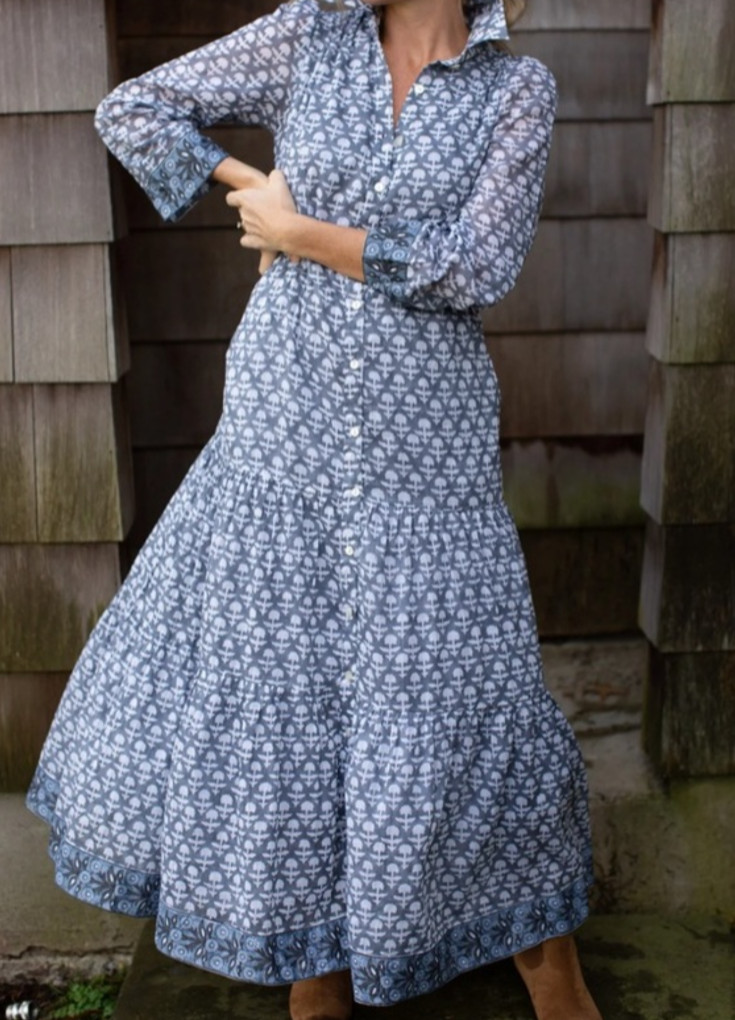 New Marea Floral Shirt Maxi Dress Tie Waist Blue Grey Button front Cotton Boho L