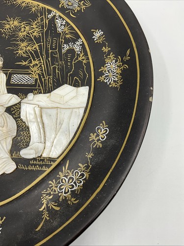 Chinese Wall Art Round Black Lacquer Mother of Pearl Geisha Plaque Vintage (SN) - Picture 10 of 24