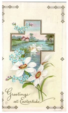 Vintage Postcard Greetings at Easter Floral Cross Embossed