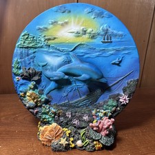 Dolphins Mother and Baby 3D Decorative Resin 7.25" Plate with Stand . 90s