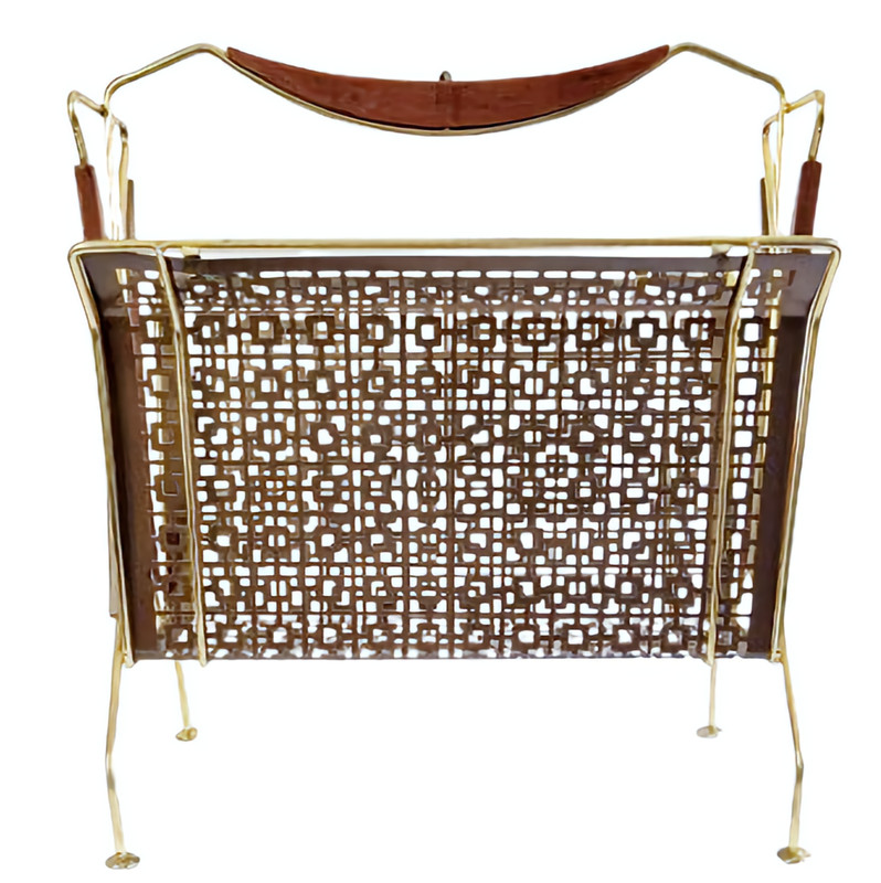Mid Century Faux Walnut and Brass Magazine Rack With Handle