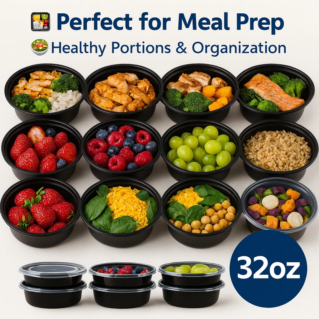 32oz Round Meal Prep Containers BPA-Free Reusable Microwavable Food Bowls
