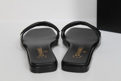 sz 8.5 / 39 CHANEL CC Logo Black Leather Mules Slide Slip on Flat