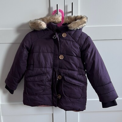 Vertbaudet Mädchen Winterjacke Gr. 98 104 Aubergine Kunstfell Kapuze gefüttert