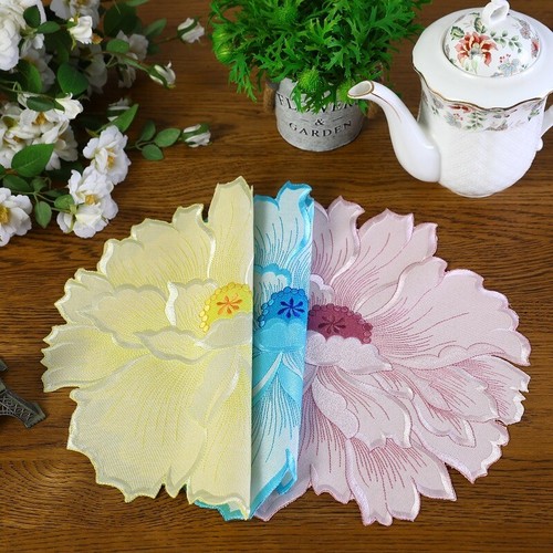 Set of 4 Embroidered Placemats Coasters Flower Table mats Teapot Vase mats - Picture 2 of 17