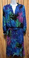 CALVIN KLEIN Blue Purple Ruffled 3/4 Sleeve V Neck Buttons Dress sz M w/ Belt