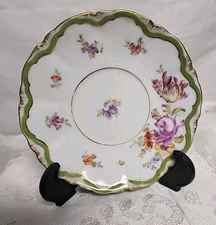 Antique Dresden Green Floral Saucer Plate W/ Gold Trim.  