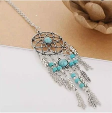 Boho Dreamcatcher Pendant Necklace Silver Turquoise Beads Feather Charm Jewelry