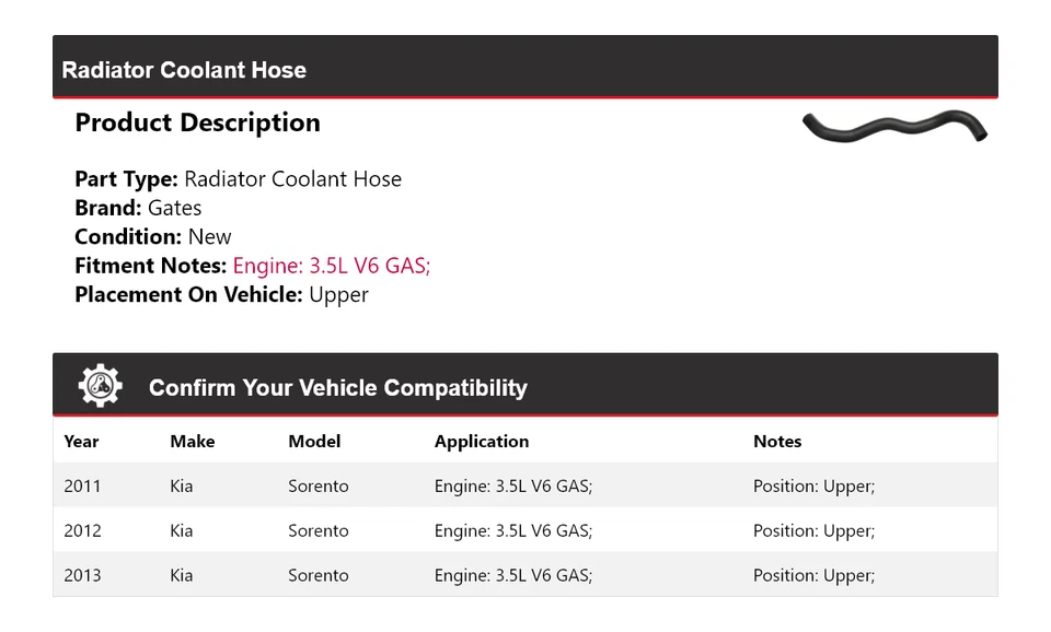 适用于 2011 - 2013 起亚索伦托 3.5 升 V6 气体散热器 冷却液软管 上盖 2012 — 第 2/4 张图片