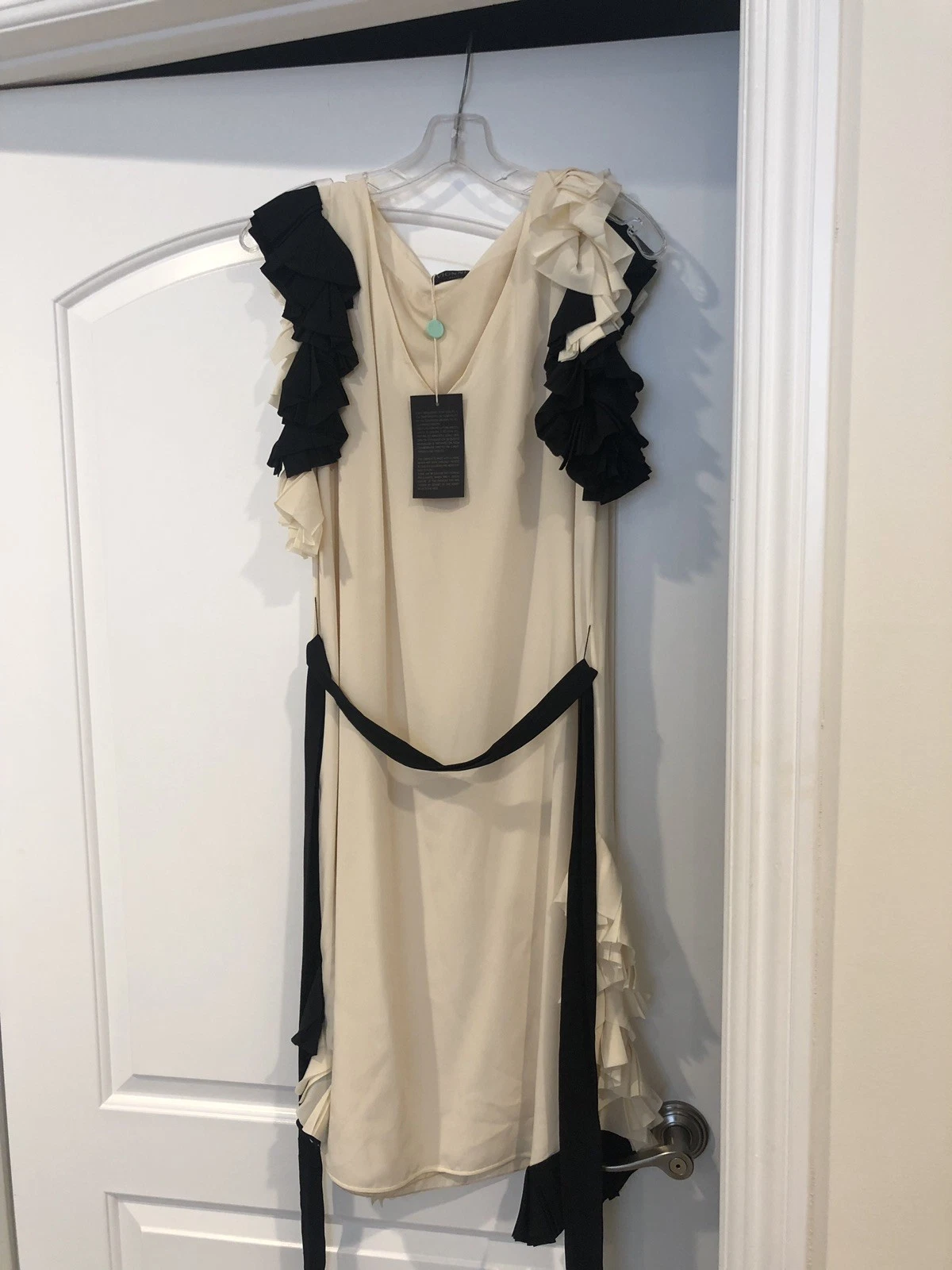 OFF WHITE Abito Vionnet Off White in seta con volant neri 42 6 nuovo con etichette $2350
