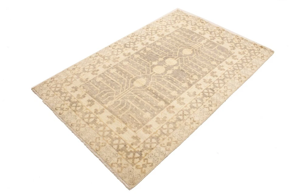 4X6 ft Handmade Khotan Muted Taupe Floral Rug Peshawar Pakistan Entryway Carpet - Image 3 of 4